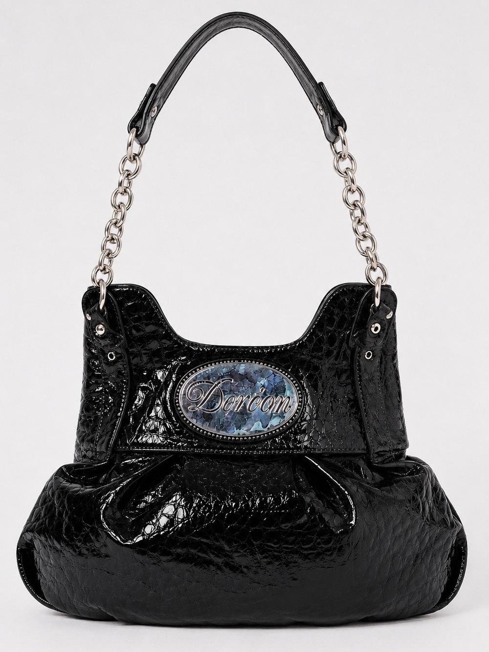 2005 Dereon Black Patent Shoulder Bag with Silver Chain and Logo Plaque Y2K